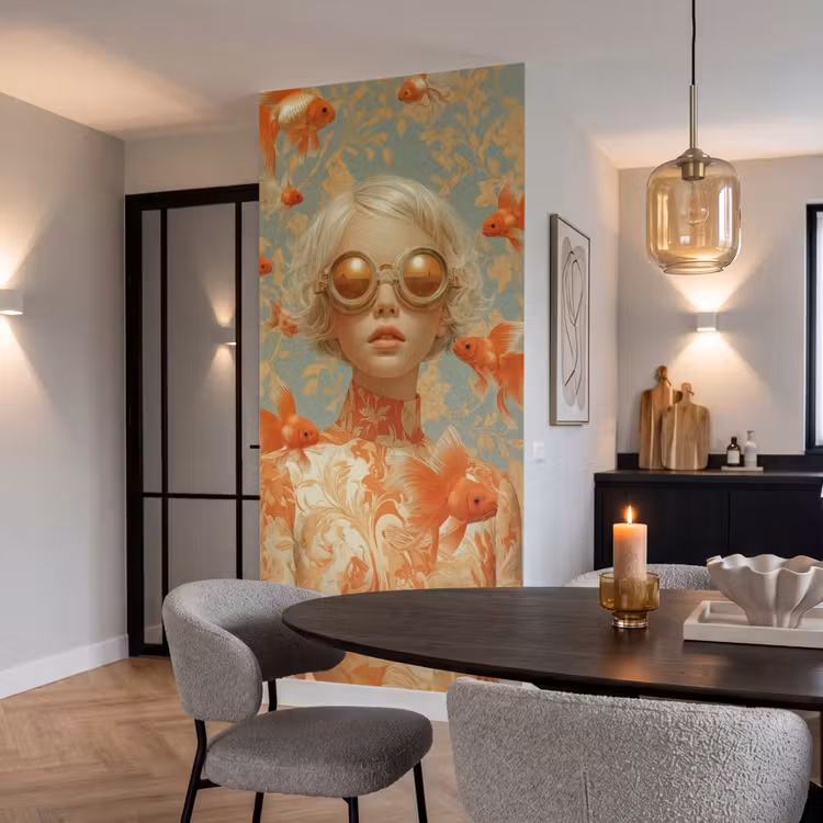 Goudvissen - Oranje - Vrouw - Blond Behang Vlies klein -sfeer3