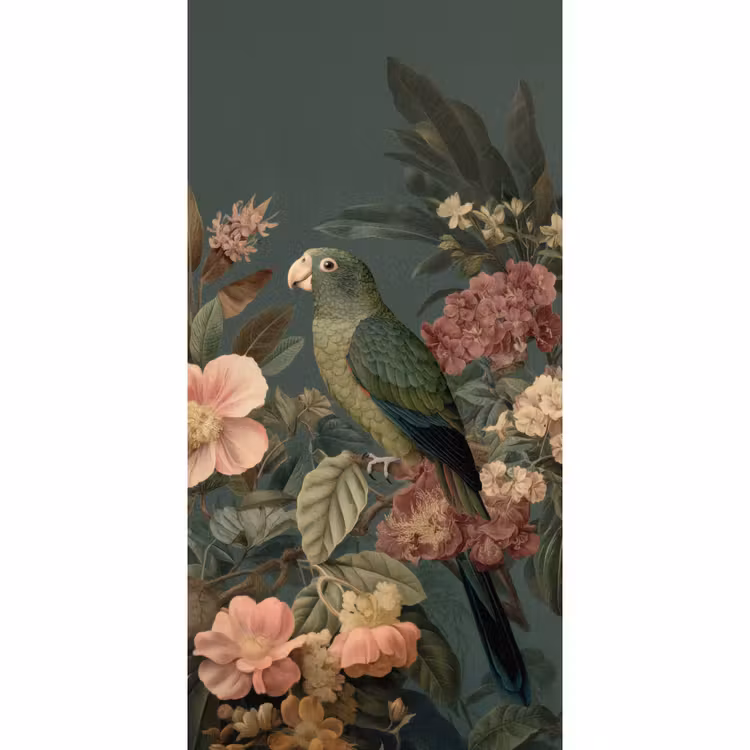 Groene papegaai - Kleurrijke bloemen - Donkere achtergrond Behang Vlies klein -3d_website