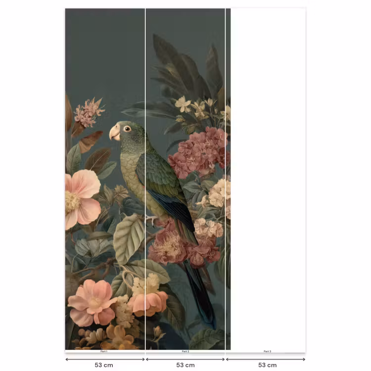 Groene papegaai - Kleurrijke bloemen - Donkere achtergrond Behang Vlies klein -USP_banen
