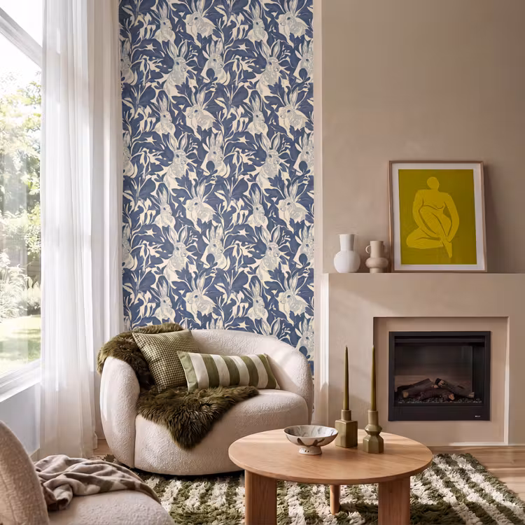 Hazen - Bladeren - Patroon - Blauw - Beige Behang Vlies klein 1076 -sfeer2
