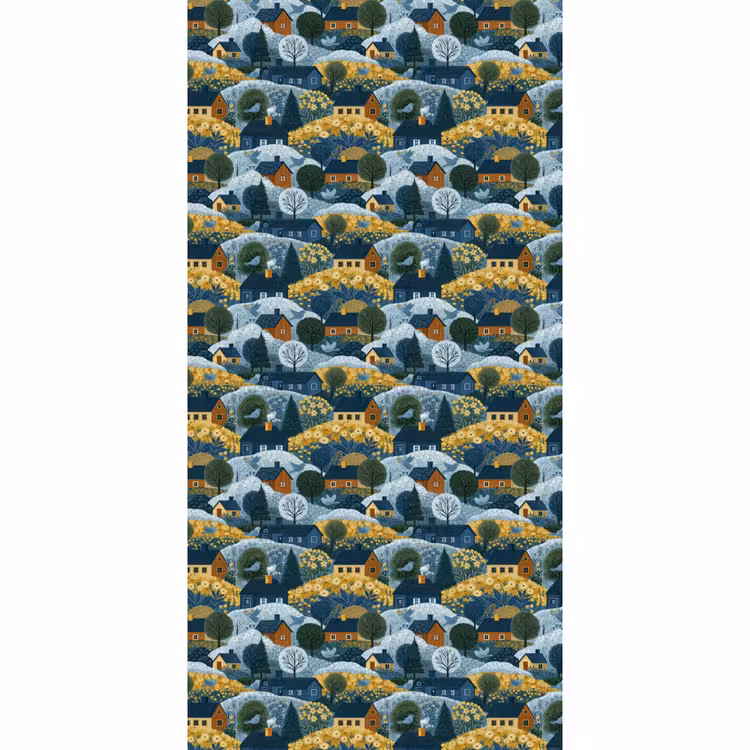 Huisjes - Bloemen - Patroon - Geel - Blauw Behang Vlies klein 1076 -3d_website