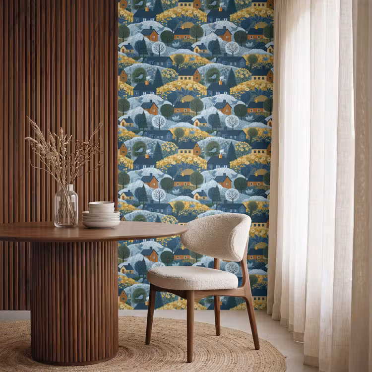 Huisjes - Bloemen - Patroon - Geel - Blauw Behang Vlies klein 1076 -sfeer1