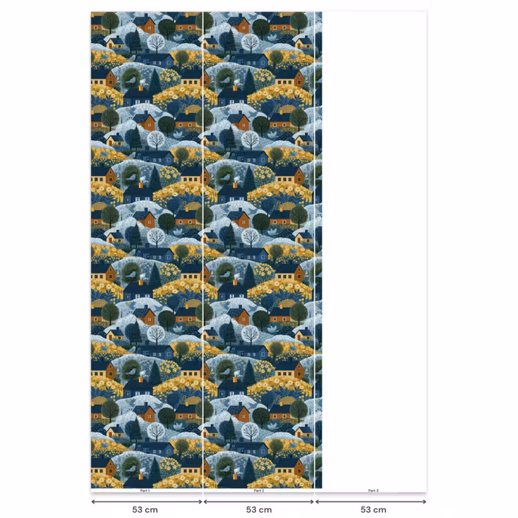 Huisjes - Bloemen - Patroon - Geel - Blauw Behang Vlies klein 1076 -USP_banen