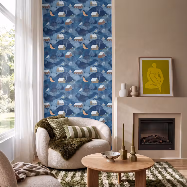 Huisjes - Vogels - Sneeuw - Winter - Blauw Behang Vlies klein 1076 -sfeer2