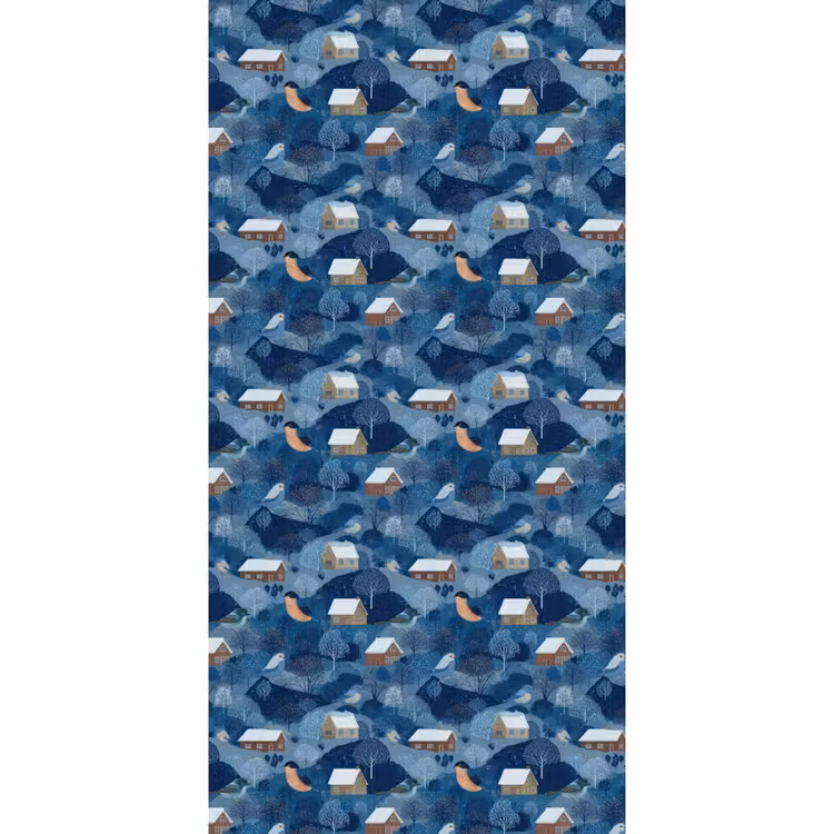 Huisjes - Vogels - Sneeuw - Winter - Blauw Behang Vlies klein 1076 -3d_website