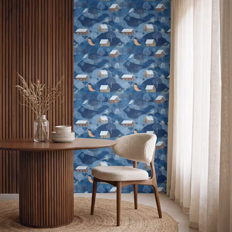 Huisjes - Vogels - Sneeuw - Winter - Blauw Behang Vlies klein 1076 -sfeer1