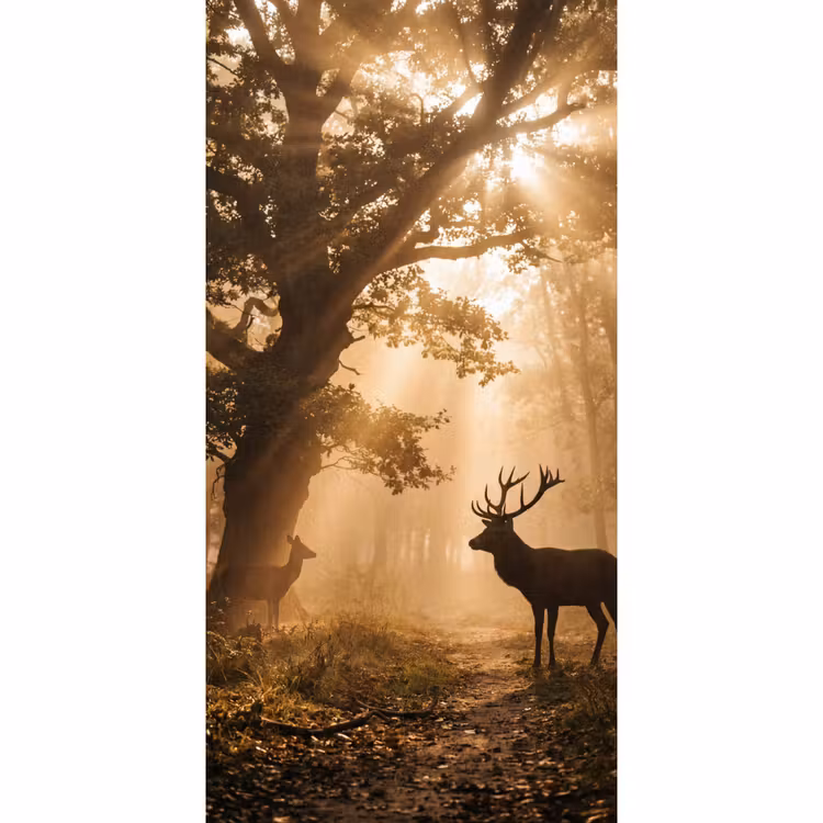 Hert - Bos - Mistig - Natuur - Goud Behang Vlies klein -3d_website
