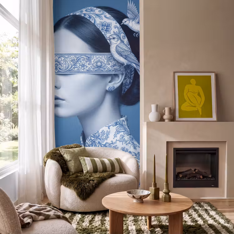 Portret - Klassiek - Wit - Blauw Behang Vlies klein -sfeer2