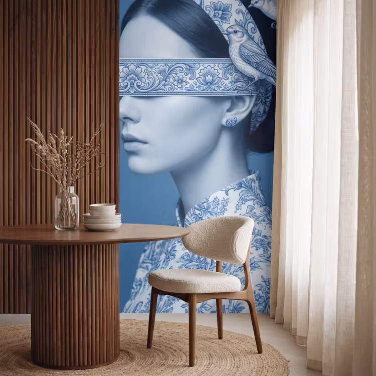 Portret - Klassiek - Wit - Blauw Behang Vlies klein -sfeer1