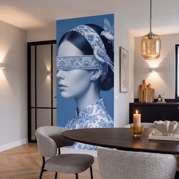 Portret - Klassiek - Wit - Blauw Behang Vlies klein -sfeer3