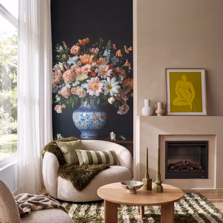 Hout - Vaas - Kleuren - Bloemen Behang Vlies klein -sfeer2