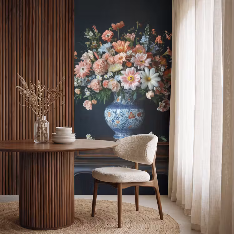 Hout - Vaas - Kleuren - Bloemen Behang Vlies klein -sfeer1