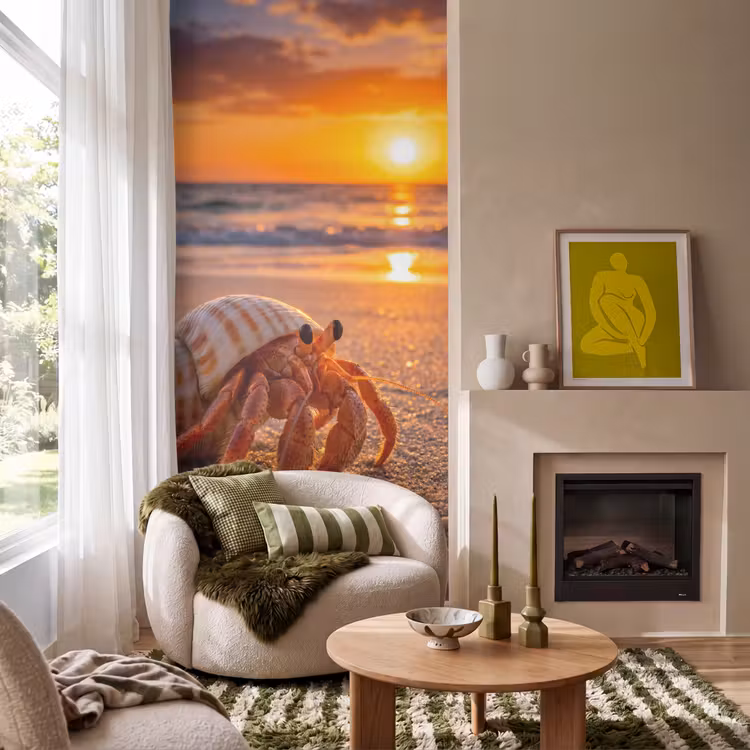Kreeft - Strand - Natuur - Zonsondergang - Oranje Behang Vlies klein -sfeer2