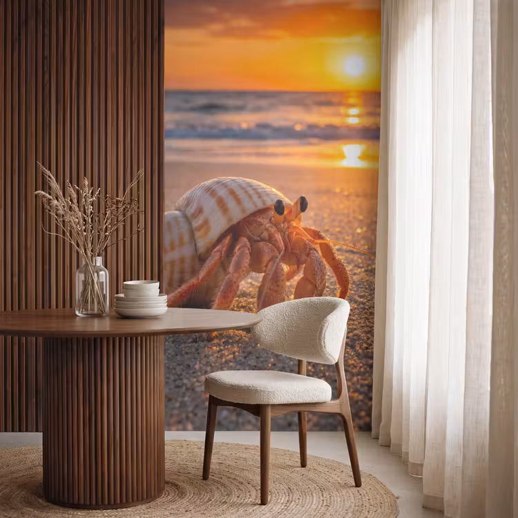 Kreeft - Strand - Natuur - Zonsondergang - Oranje Behang Vlies klein -sfeer1