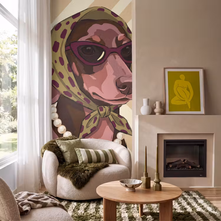 Hond - Zonnebril - Hoofddoek - Dieren - Modern Behang Vlies klein -sfeer2