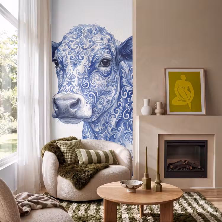 Illustratie - Koe - Blauw Behang Vlies klein -sfeer2