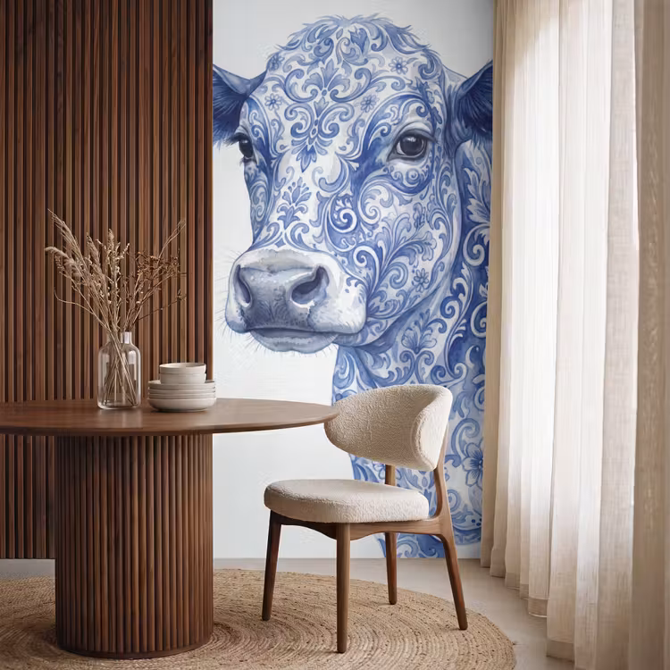 Illustratie - Koe - Blauw Behang Vlies klein -sfeer1