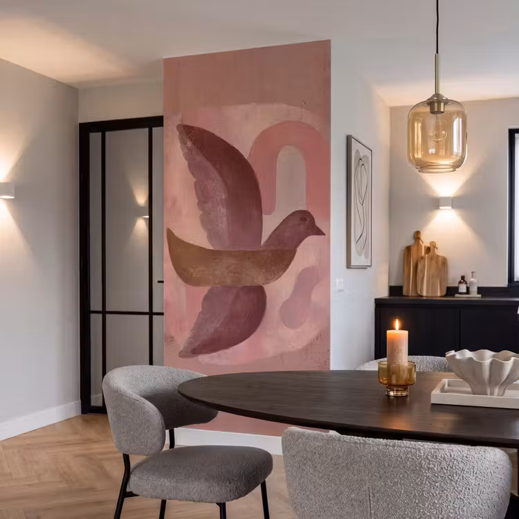 Illustratie - Vogels - Abstract - Roze Behang Vlies klein -sfeer3