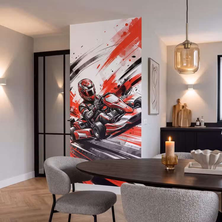 Kart - Coureur - Snelheid - Rood Behang Vlies klein -sfeer3