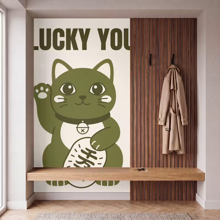 Kat - Geluk - Dieren - Modern - Groen Behang Vlies klein -sfeer3