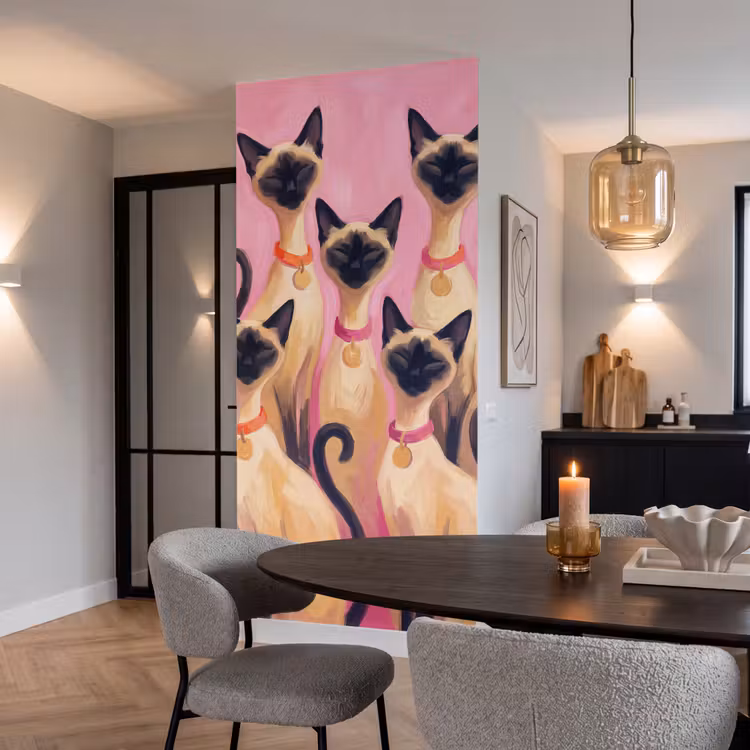 Kat - Groep - Dieren - Modern - Roze Behang Vlies klein -sfeer3