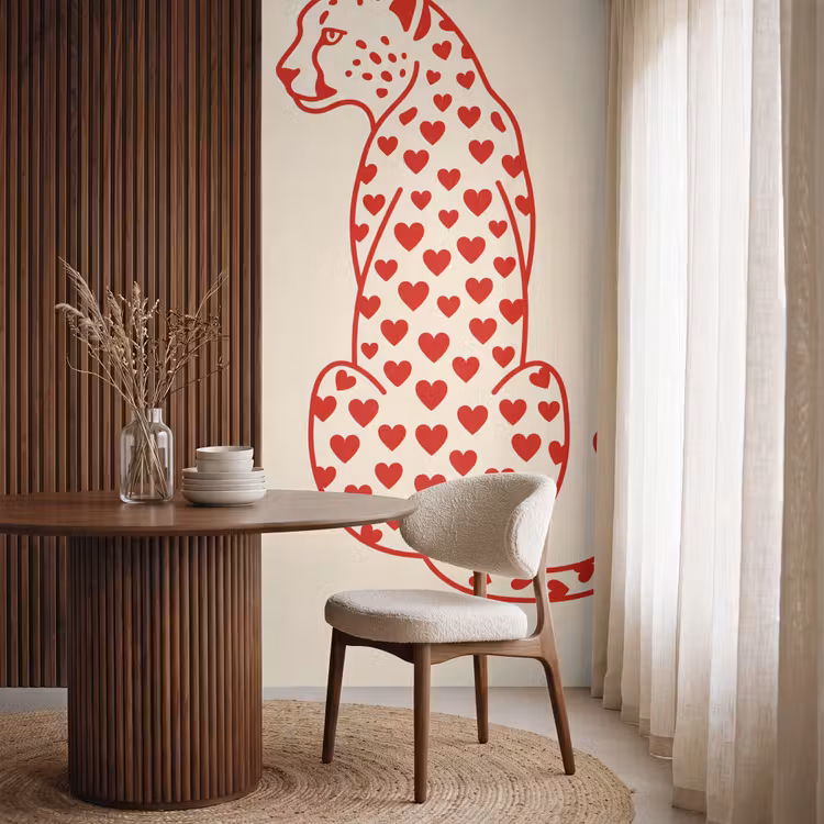 Kat - Harten - Dieren - Modern - Rood Behang Vlies klein -sfeer1
