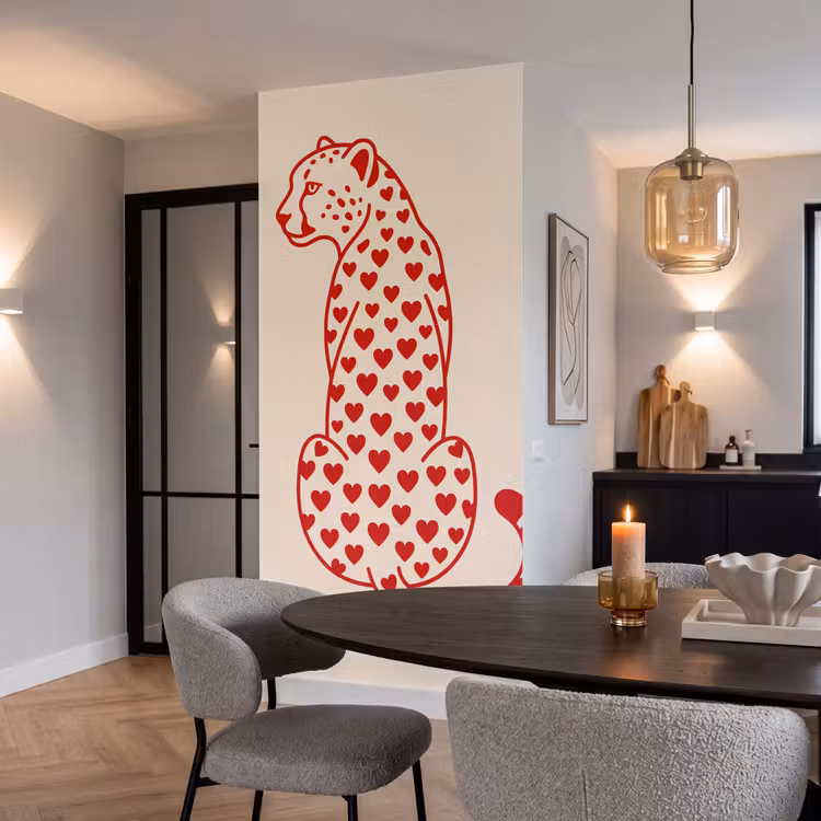 Kat - Harten - Dieren - Modern - Rood Behang Vlies klein -sfeer3