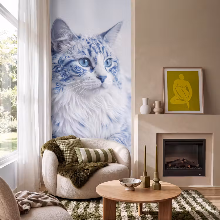 Kat - Patroon - Blauw Behang Vlies klein -sfeer2