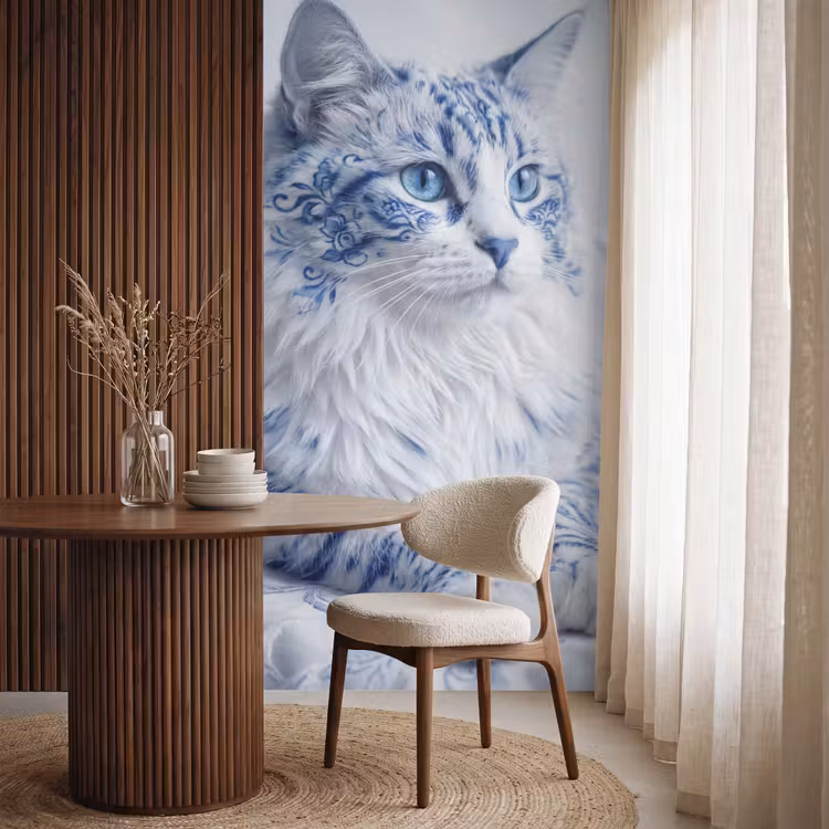 Kat - Patroon - Blauw Behang Vlies klein -sfeer1