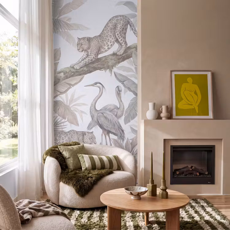Kat - Vogel - Jungle - Illustratie - Dieren Behang Vlies klein -sfeer2