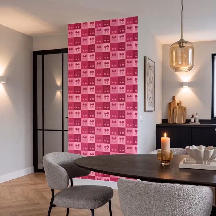Kersen - Strikjes - Speels - Roze - Bordeaux Behang Vlies klein 1076 -sfeer3
