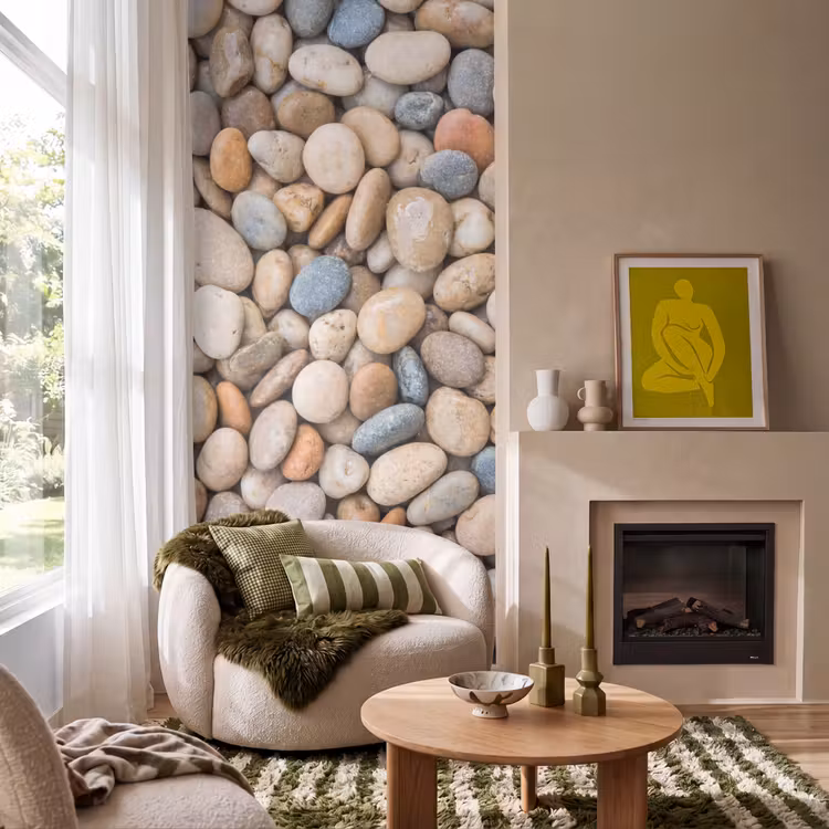 Kiezelstenen - Natuur - Textuur - Beige - Grijs Behang Vlies klein -sfeer2