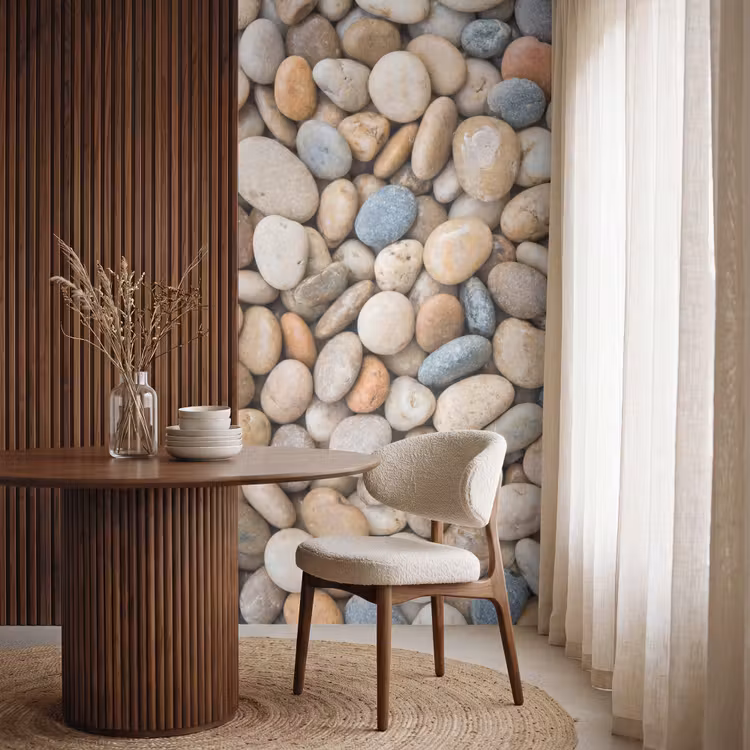 Kiezelstenen - Natuur - Textuur - Beige - Grijs Behang Vlies klein -sfeer1