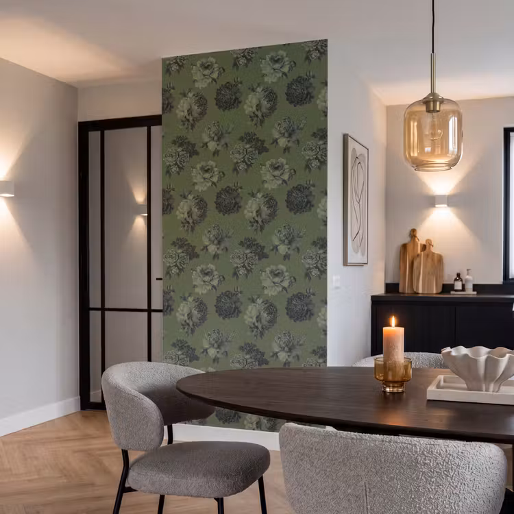 Klassiek - botanisch - olijfgroen - bloemen Behang Vlies klein 1076 -sfeer3