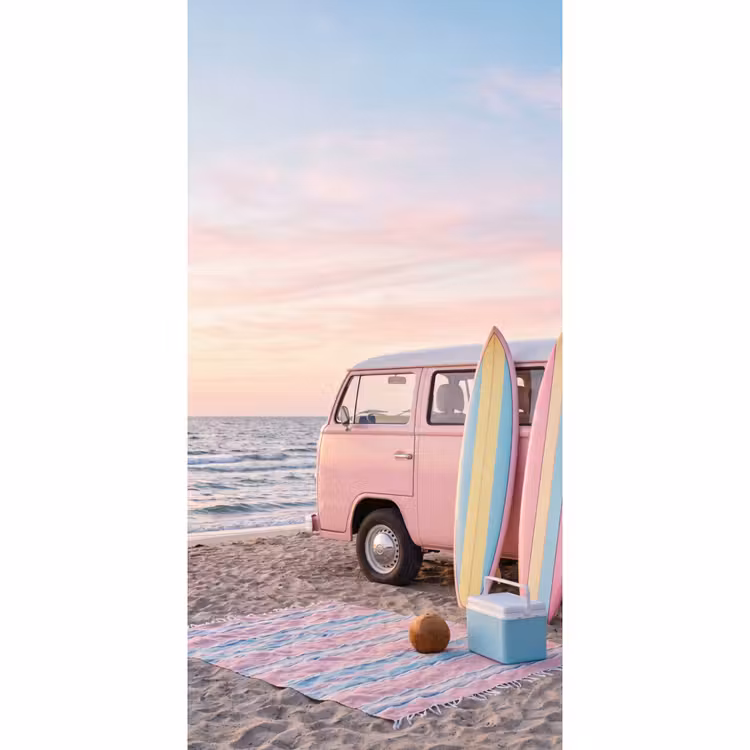 Busje - Strand - Surfplank - Zomer - Roze Behang Vlies klein -3d_website