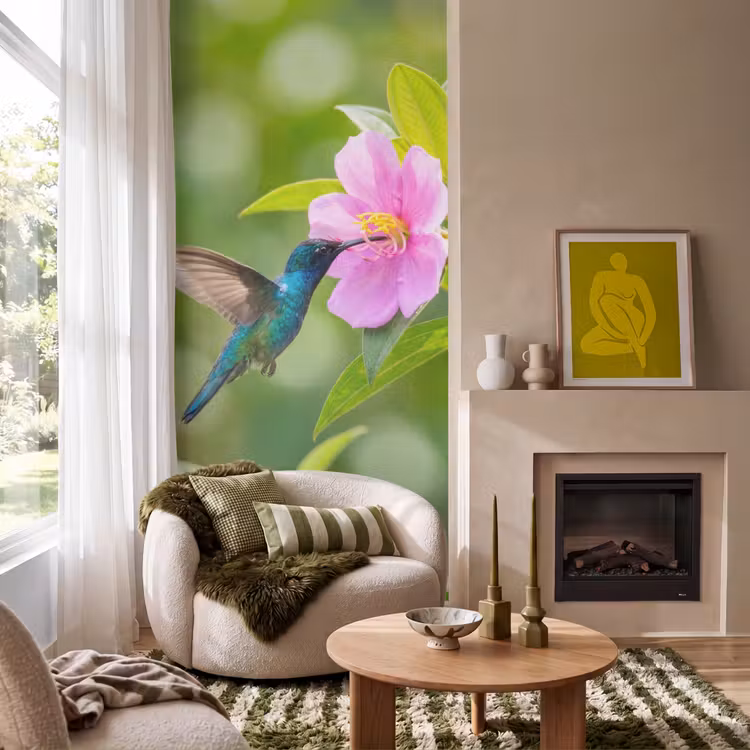 Kolibrie - Bloem - Natuur - Groen Behang Vlies klein -sfeer2