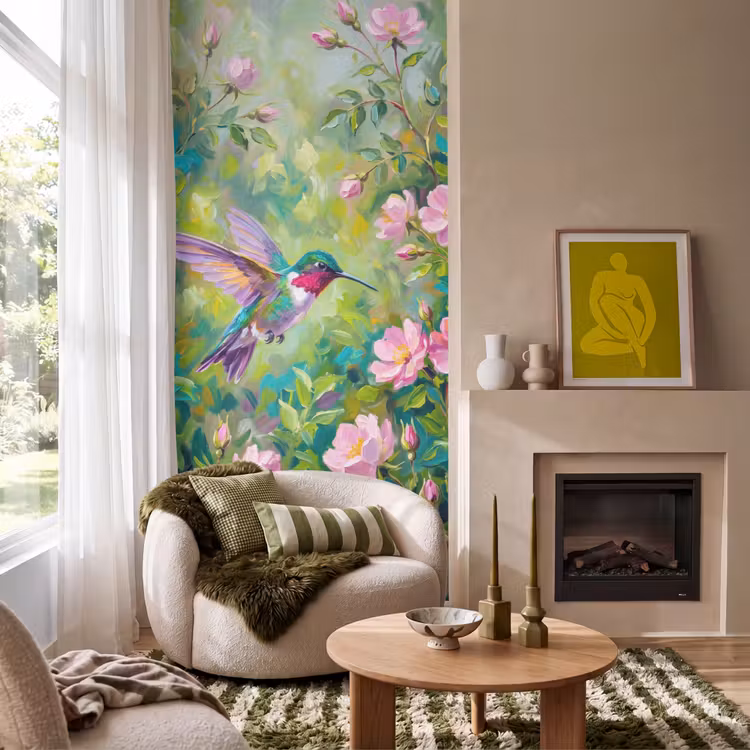 Kolibrie - Bloemen - Natuur - Kleurrijk Behang Vlies klein -sfeer2