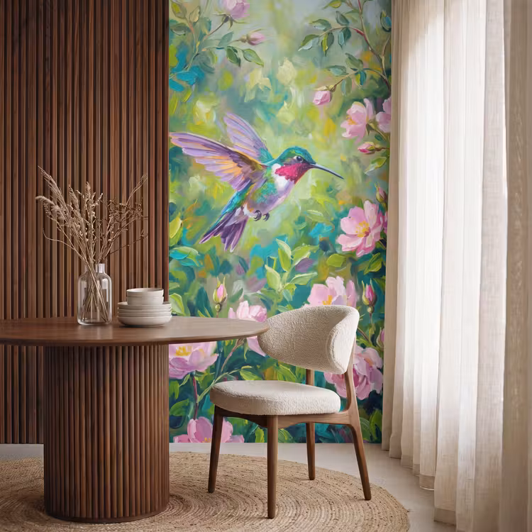 Kolibrie - Bloemen - Natuur - Kleurrijk Behang Vlies klein -sfeer1