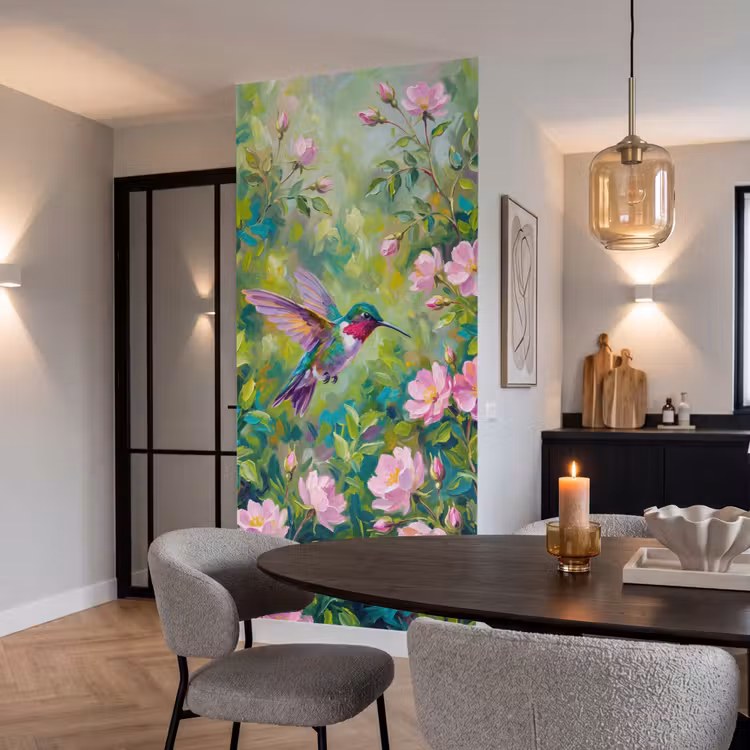 Kolibrie - Bloemen - Natuur - Kleurrijk Behang Vlies klein -sfeer3