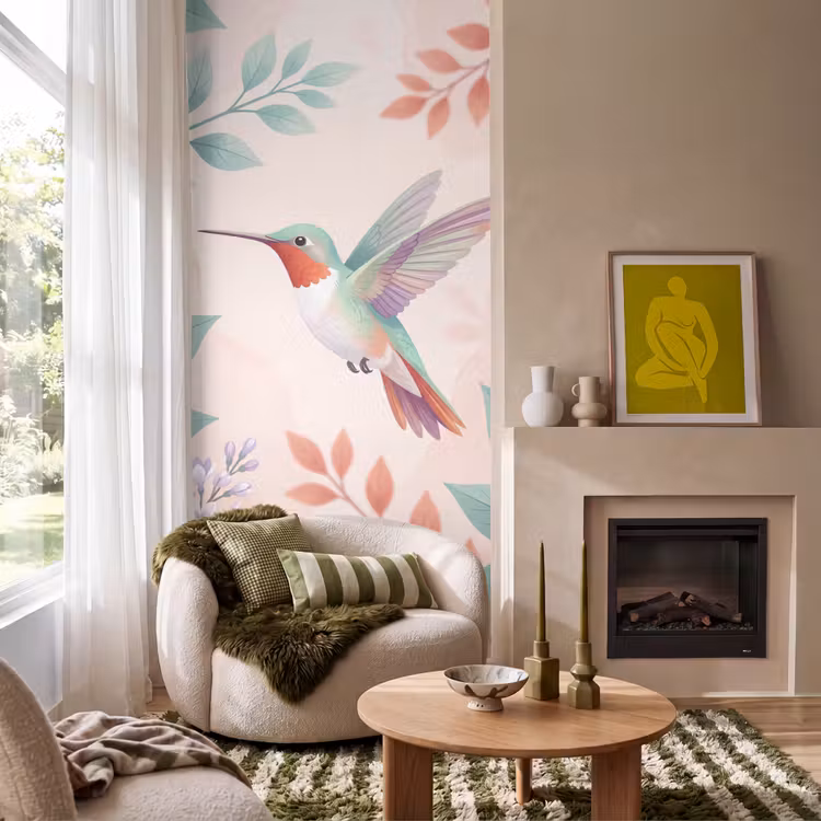 Kolibrie - Vliegen - Natuur - Illustratie - Kleurrijk Behang Vlies klein -sfeer2