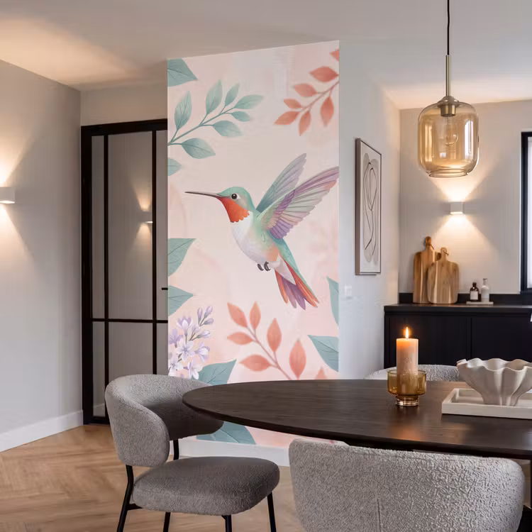 Kolibrie - Vliegen - Natuur - Illustratie - Kleurrijk Behang Vlies klein -sfeer3