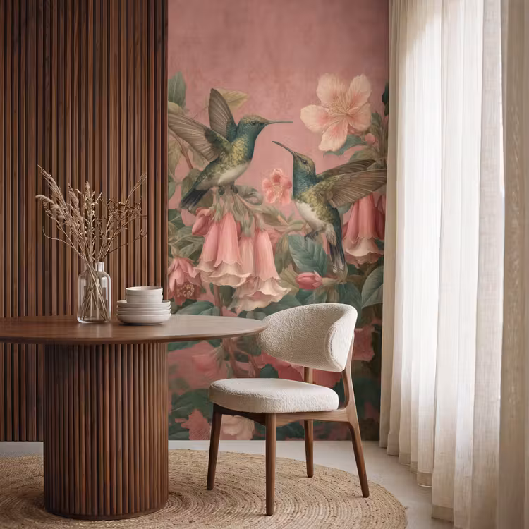 Kolibries - Bloemen - Groen - Roze Behang Vlies klein -sfeer1
