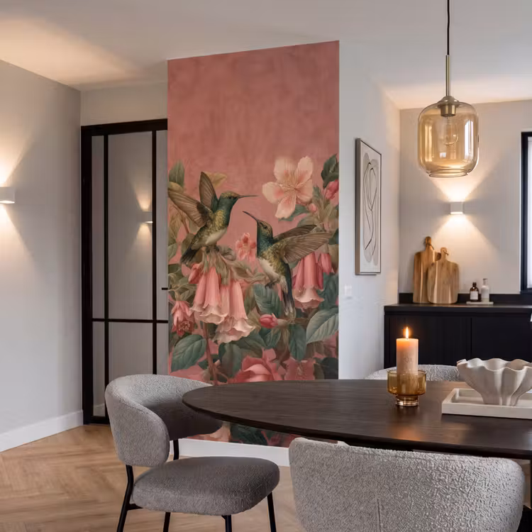 Kolibries - Bloemen - Groen - Roze Behang Vlies klein -sfeer3