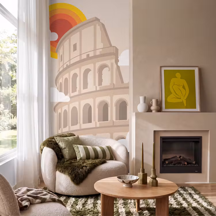 Colosseum - Zonsopgang - Rome - Architectuur - Beige Behang Vlies klein -sfeer2