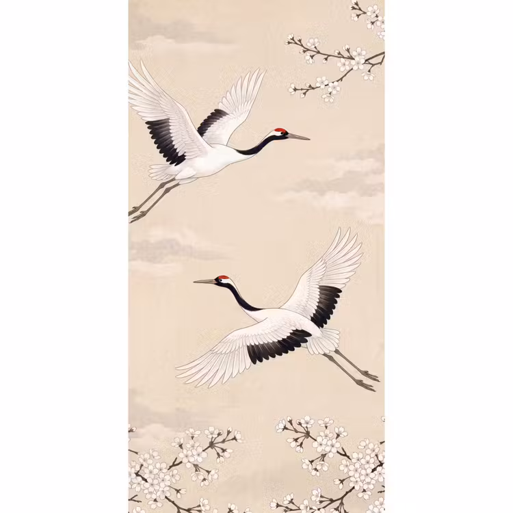 Kraanvogels - Bloesem - Beige Behang Vlies klein -3d_website