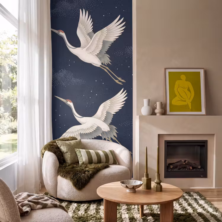 Kraanvogels - Nachthemel - Blauw Behang Vlies klein -sfeer2