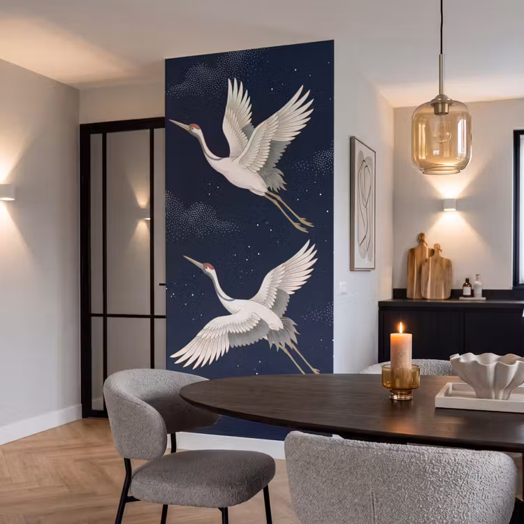 Kraanvogels - Nachthemel - Blauw Behang Vlies klein -sfeer3