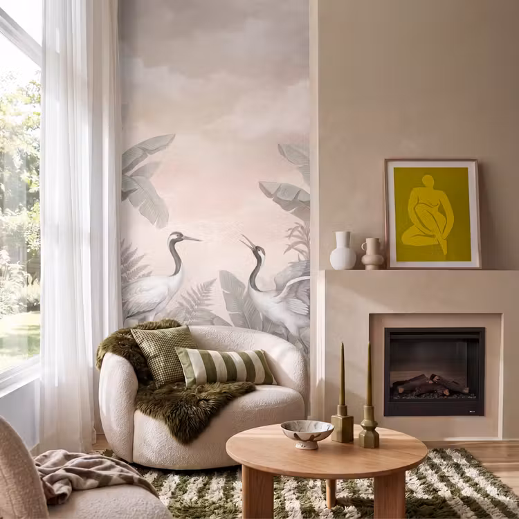 Kraanvogels - Natuur - Roze Behang Vlies klein -sfeer2