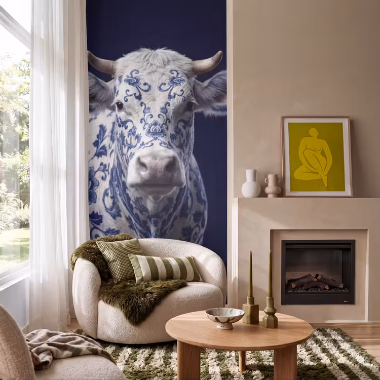 Koe - Delfts - Blauw - Artistiek Behang Vlies klein -sfeer2