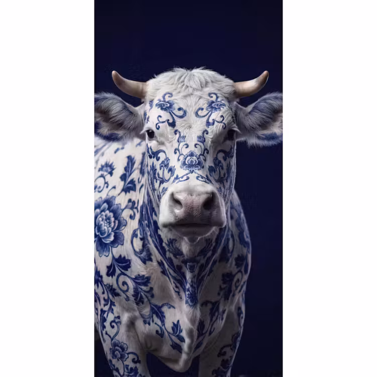 Koe - Delfts - Blauw - Artistiek Behang Vlies klein -3d_website